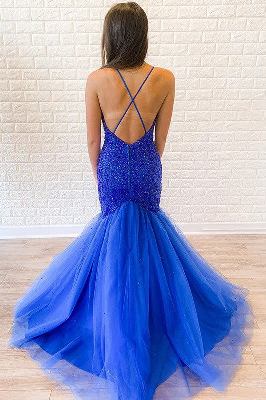 Chic Mermaid Tulle Beading Halter Sleeveless Prom Dress-ballbellauk