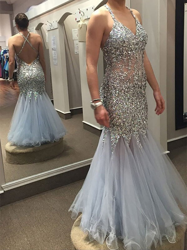 Chic Mermaid Tulle V-neck Sleeveless Sequin Long Plus Size Prom Dress-ballbellauk