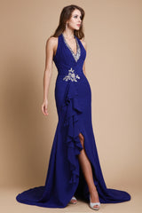 Chic Mermaid V-neck Long Beading Sleeveless Evening Dress Chiffon-ballbellauk