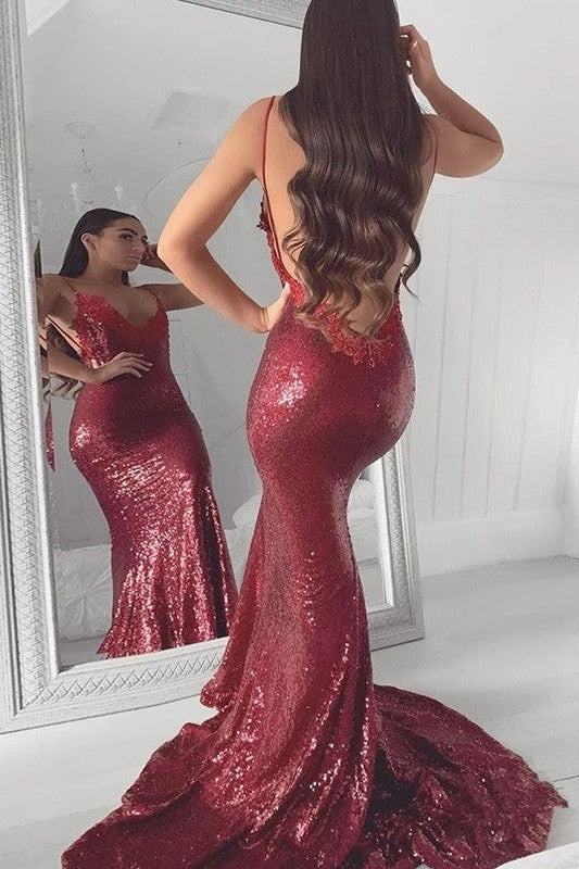 Chic Mermaid V-neck Sequins With Appliques Sleeveless Prom Dress-ballbellauk