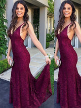 Chic Mermaid V-neck Sleeveless Lace Prom Dress-ballbellauk