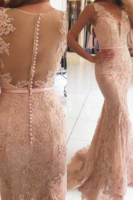 Chic Mermaid V-neck Sleeveless Lace With Appliques Prom Dress-ballbellauk