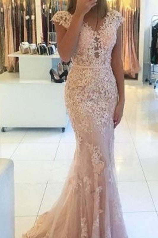 Chic Mermaid V-neck Sleeveless Lace With Appliques Prom Dress-ballbellauk