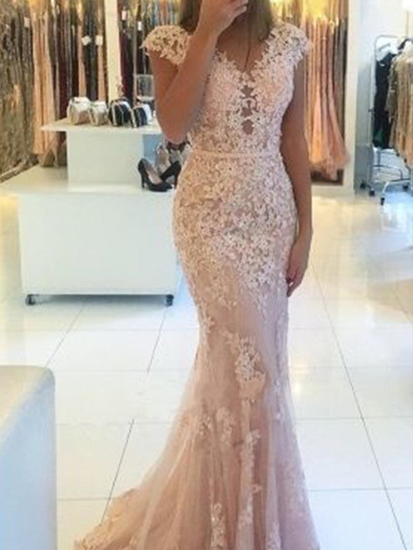 Chic Mermaid V-neck Sleeveless Lace With Appliques Prom Dress-ballbellauk