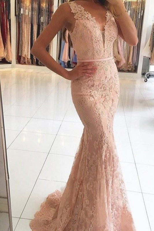 Chic Mermaid V-neck Sleeveless Lace With Appliques Prom Dress-ballbellauk