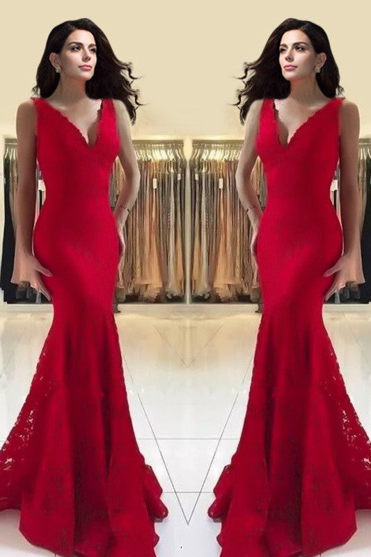 Chic Mermaid V-neck Sleeveless Long Ruffles Lace Prom Dress-ballbellauk