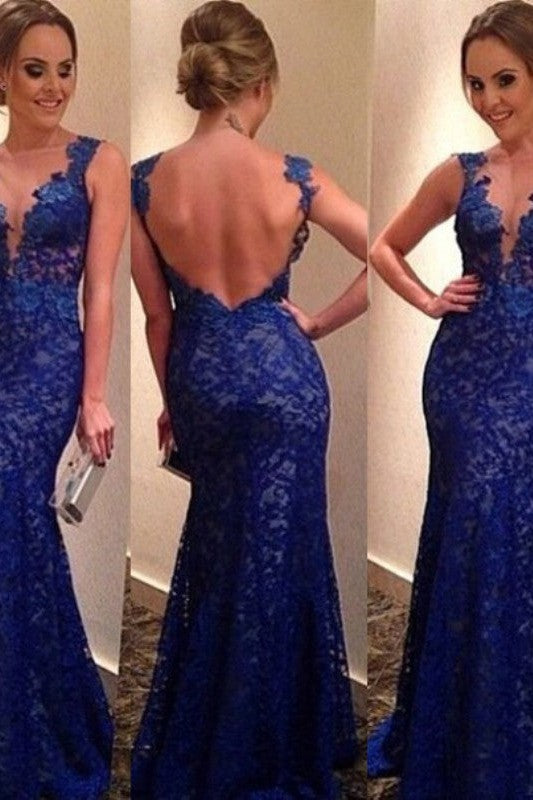 Chic Mermaid V-neck Sleeveless With Appliques Lace Prom Dress-ballbellauk