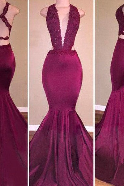 Chic Mermaid V-Neck Stretch Crepe Sleeveless With Appliques Prom Dress-ballbellauk