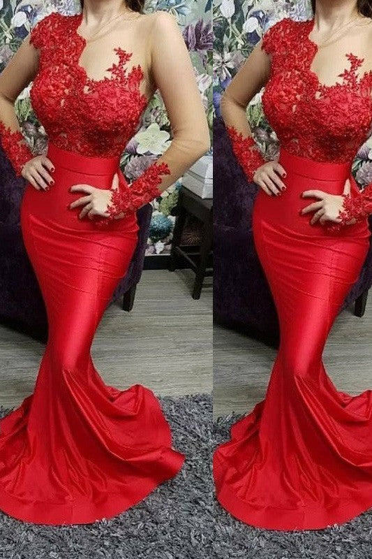 Chic Mermaid With Appliques Scoop Satin Long Sleeves Prom Dress-ballbellauk