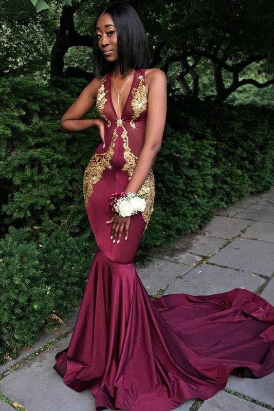 Chic Mermaid With Appliques V-neck Sleeveless Prom Dress-ballbellauk