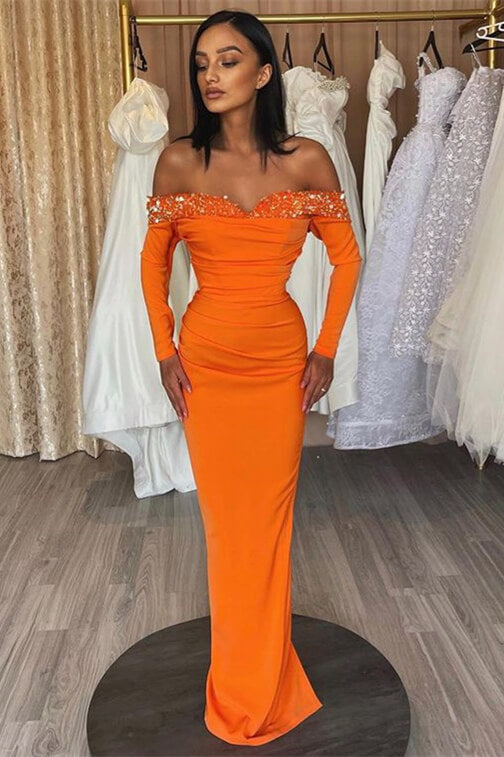 Chic Orange Strapless Mermaid Prom Dress UK with Long Sleeves and Sequins-ballbellauk