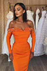 Chic Orange Strapless Mermaid Prom Dress UK with Long Sleeves and Sequins-ballbellauk