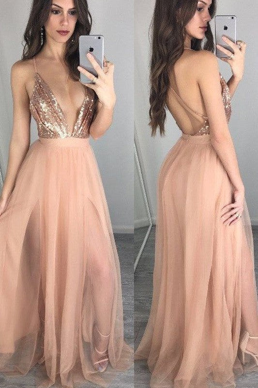 Chic Spaghetti-Straps Sequin Prom Dress Long Sleeveless On Sale-ballbellauk