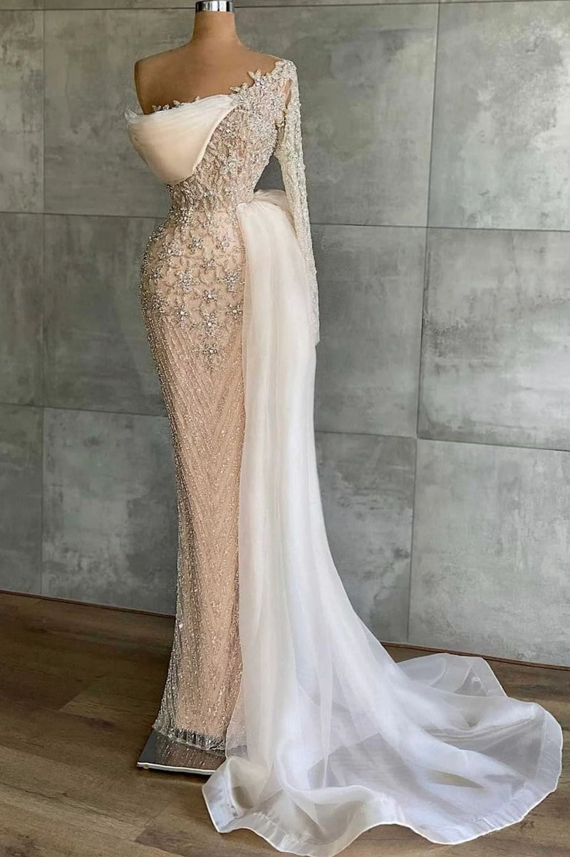 Chic White Mermaid Prom Dress UK with Appliques and Beaded Long Sleeves-ballbellauk