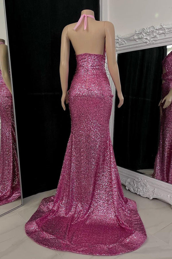 Classic Halter Pink Formal Wears Sequins Sleeveless Long With Split-ballbellauk