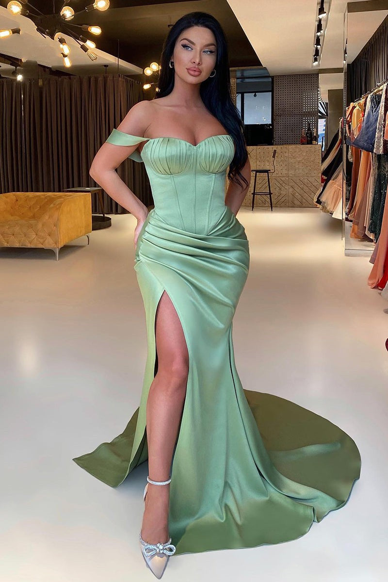 Classic Sage Green Off-the-Shoulder Formal Wears Mermaid Slit-ballbellauk