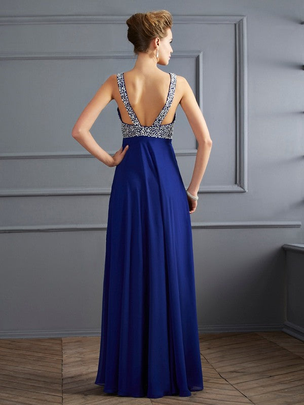 Classic Straps Beading Sleeveless Long Evening Dress Chiffon-ballbellauk