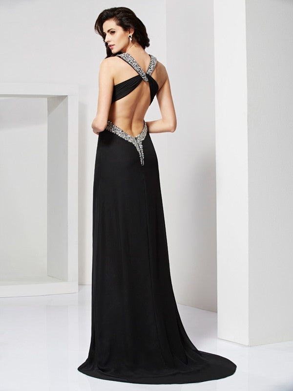 Classic Straps Beading Sleeveless Long Evening Dress Chiffon-ballbellauk