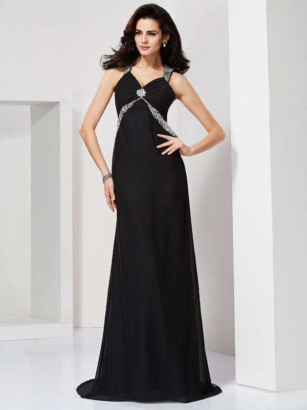 Classic Straps Beading Sleeveless Long Evening Dress Chiffon-ballbellauk