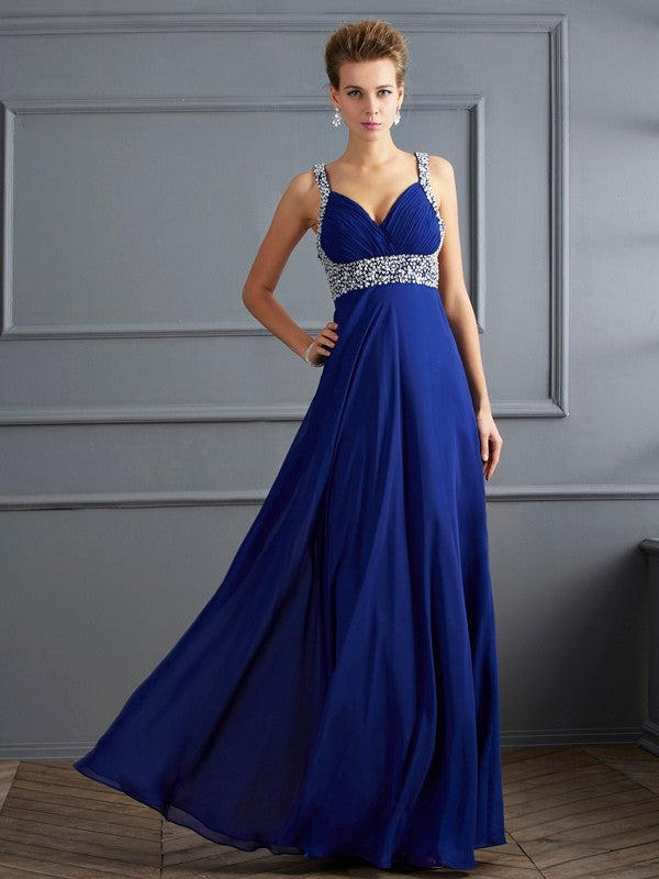 Classic Straps Beading Sleeveless Long Evening Dress Chiffon-ballbellauk