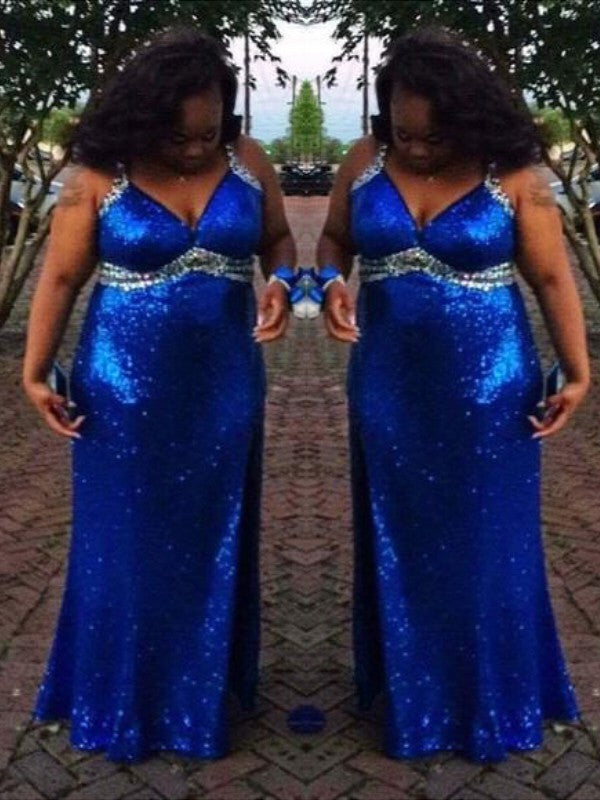 Classic Straps Sleeveless Sequin Long Sequins Plus Size Prom Dress-ballbellauk