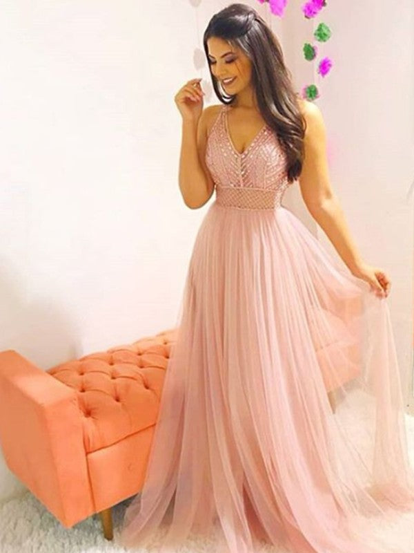 Classic V-Neck Sleeveless Crystal Tulle Prom Dress-ballbellauk