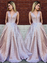 Classic V-Neck Sleeveless Sequin Lace Prom Dress-ballbellauk