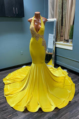 Classic Yellow Halter Mermaid Prom Dress UK with Appliques-ballbellauk