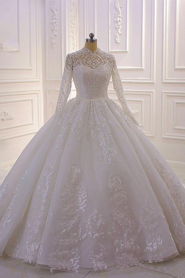 Classy A-line High Neck Wedding Dress UK With Lace Appliques, Ruffles, Pearls & Sequins-ballbellauk