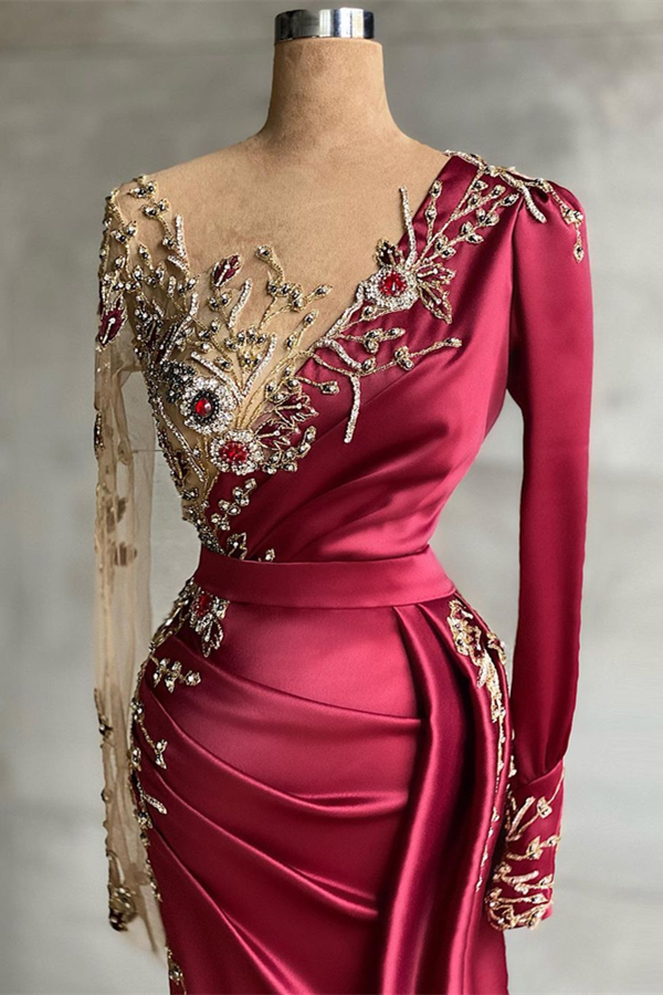 Classy Burgundy Long Sleeves Prom Dresses Mermaid With Beadings-ballbellauk