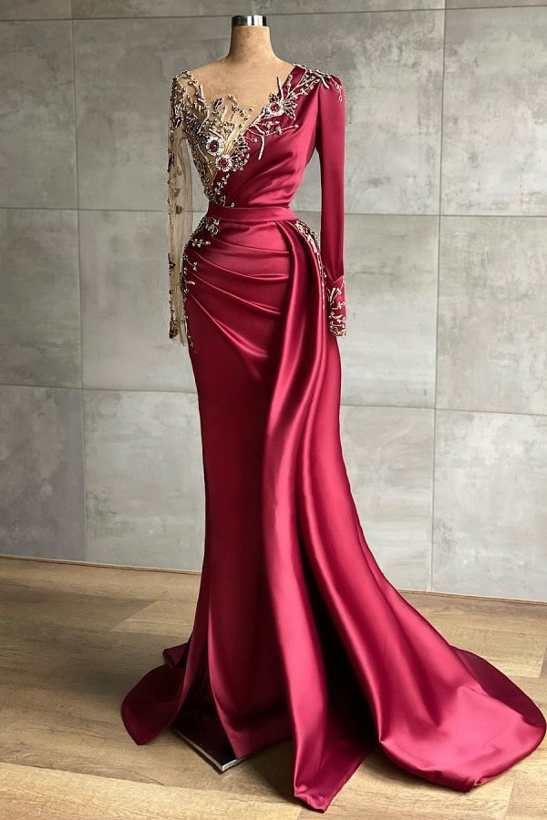 Classy Burgundy Long Sleeves Prom Dresses Mermaid With Beadings-ballbellauk