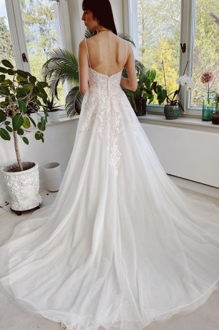 Classy Garden Spaghetti Straps A-Line Lace Wedding Dresses-ballbellauk