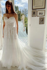 Classy Garden Spaghetti Straps A-Line Lace Wedding Dresses-ballbellauk