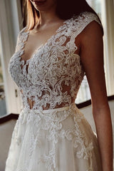 Classy Ivory A-Line Long V-Neck Garden Lace Wedding Dresses-ballbellauk