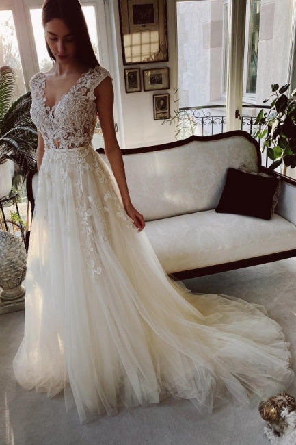 Classy Ivory A-Line Long V-Neck Garden Lace Wedding Dresses-ballbellauk