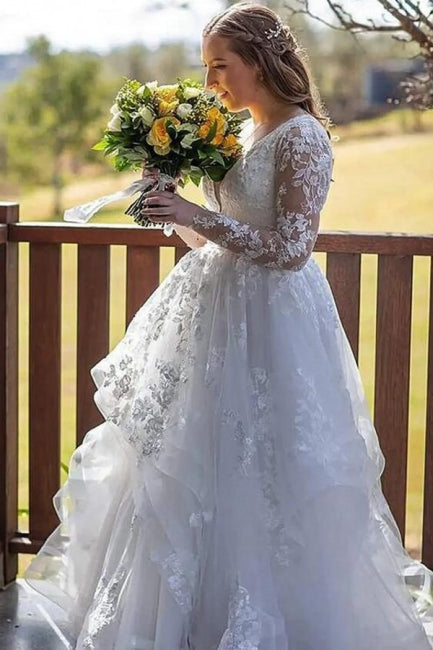 Classy Long Sleeves V-Neck Garden Lace A-Line Wedding Dresses-ballbellauk