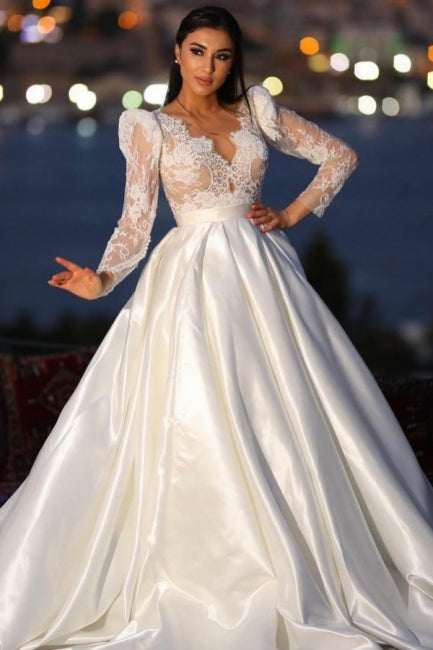 Classy Long Sleeves V-neck Satin Wedding Dresses with Lace-ballbellauk