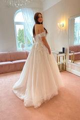 Classy Off the Shoulder Strapless A-Line Lace Tulle Wedding Dresses-ballbellauk