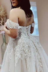 Classy Off the Shoulder Strapless A-Line Lace Tulle Wedding Dresses-ballbellauk