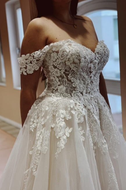 Classy Off the Shoulder Strapless A-Line Lace Tulle Wedding Dresses-ballbellauk