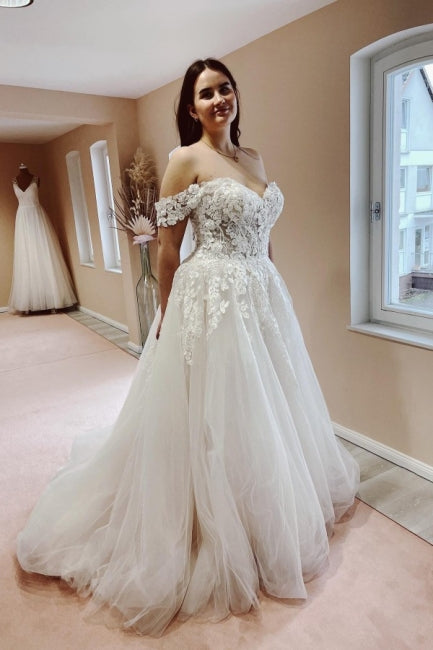 Classy Off the Shoulder Strapless A-Line Lace Tulle Wedding Dresses-ballbellauk