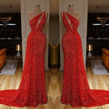 Classy One Shoulder Red Evening Dresses Sequins Long On Sale-ballbellauk