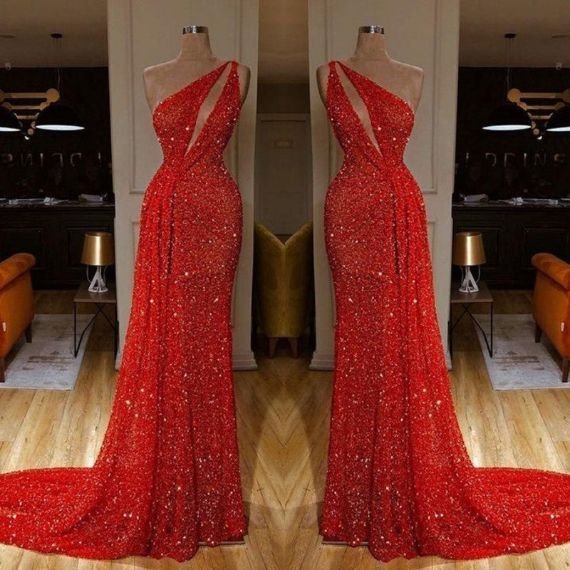 Classy One Shoulder Red Evening Dresses Sequins Long On Sale-ballbellauk