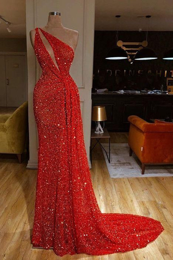 Classy One Shoulder Red Evening Dresses Sequins Long On Sale-ballbellauk