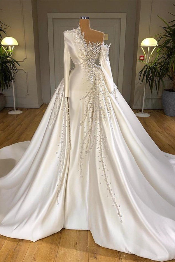 Classy Pearls Overskirt Wedding Dress On Sale Long Sleeve-ballbellauk