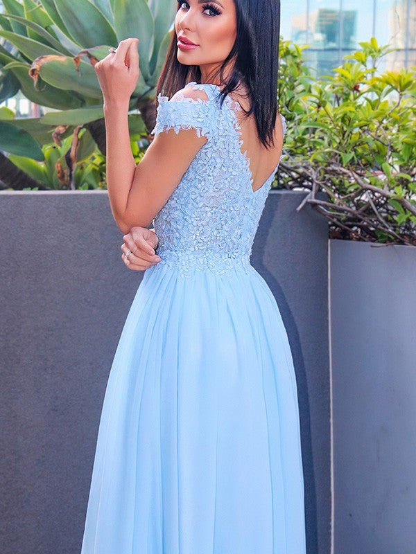 Classy Sky Blue Long Prom Dress UK with Cap Sleeves and Front Split-ballbellauk