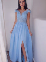 Classy Sky Blue Long Prom Dress UK with Cap Sleeves and Front Split-ballbellauk