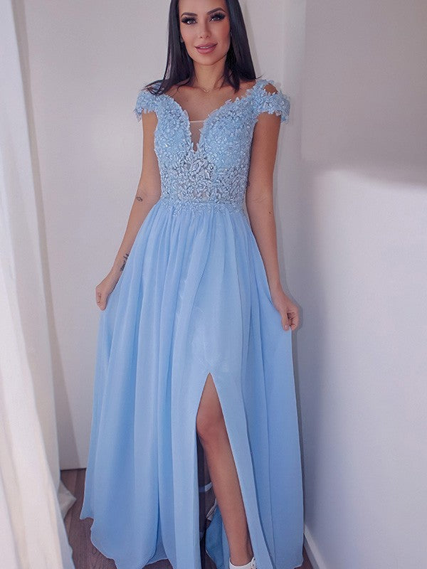 Classy Sky Blue Long Prom Dress UK with Cap Sleeves and Front Split-ballbellauk