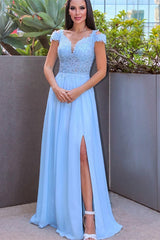 Classy Sky Blue Long Prom Dress UK with Cap Sleeves and Front Split-ballbellauk