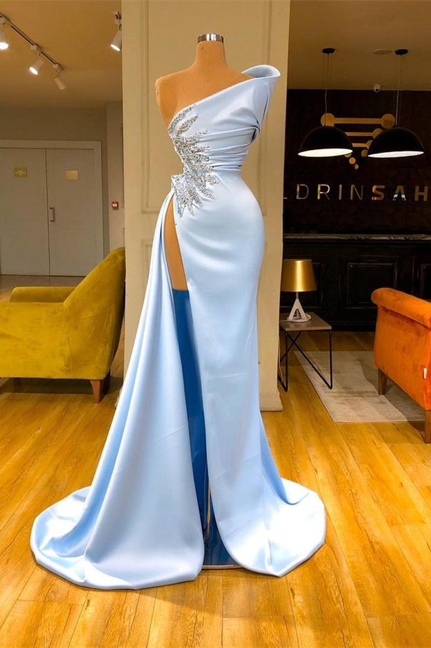 Classy Sky Blue One shoulder High Slit Beaded Long Prom Dresses Mermaid-ballbellauk